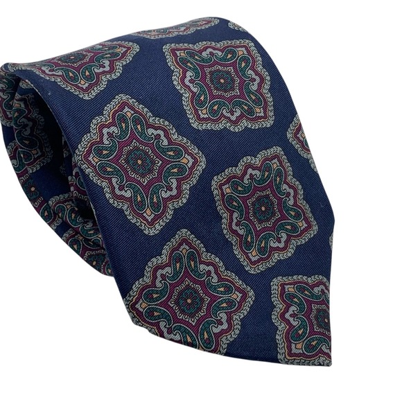Bert Pulitzer Other - Bert Pulitzer Hand Printed Silk Foulard‎ Necktie Navy/Burgundy Green Medallion